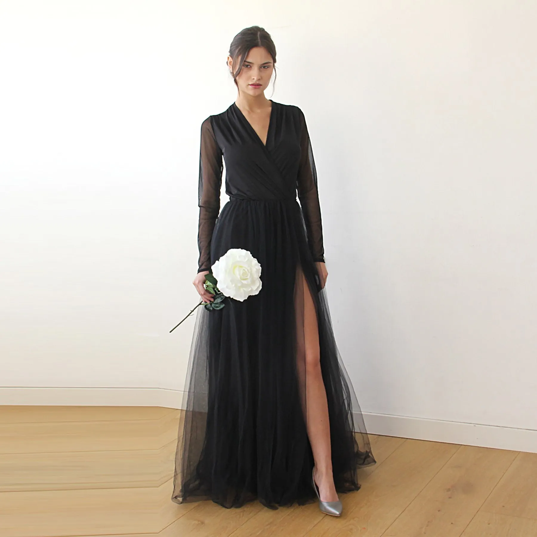 Black Wrap Tulle Dress With Chiffon Mesh Sleeves  #1174