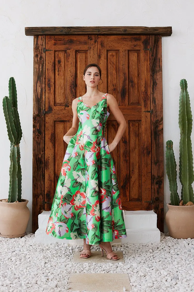 Green Floral Flower Print Heart Neckline Sleeveless Maxi Skirt