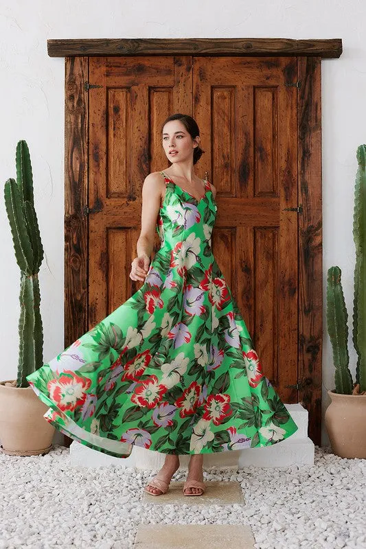 Green Floral Flower Print Heart Neckline Sleeveless Maxi Skirt