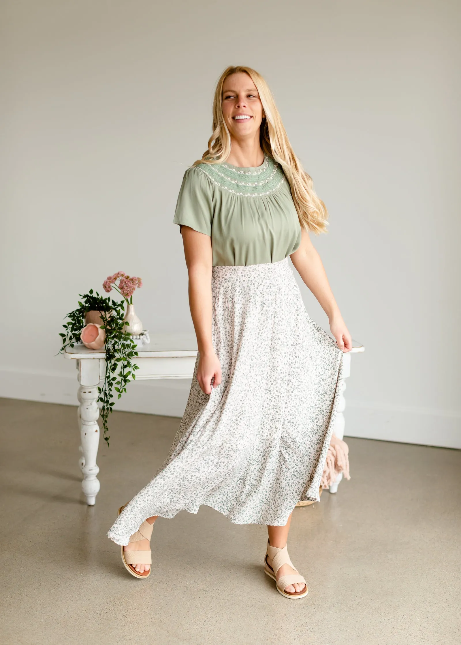 Green Tiny Floral Maxi Skirt - FINAL SALE