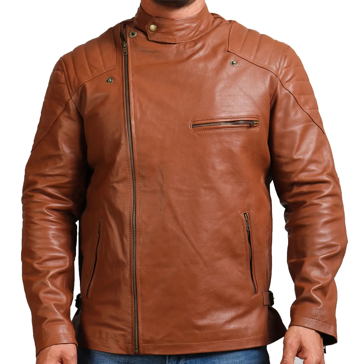 Men's Brown Motorcycle Real Leather Jacket with Asymmetrical Zipper and Snap Collar