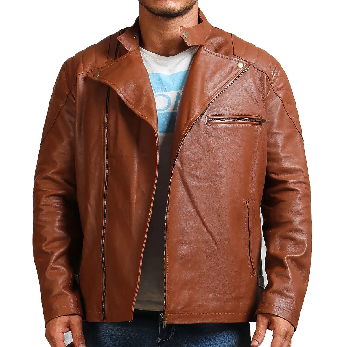 Men's Brown Motorcycle Real Leather Jacket with Asymmetrical Zipper and Snap Collar