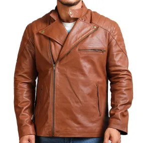 Men's Brown Motorcycle Real Leather Jacket with Asymmetrical Zipper and Snap Collar