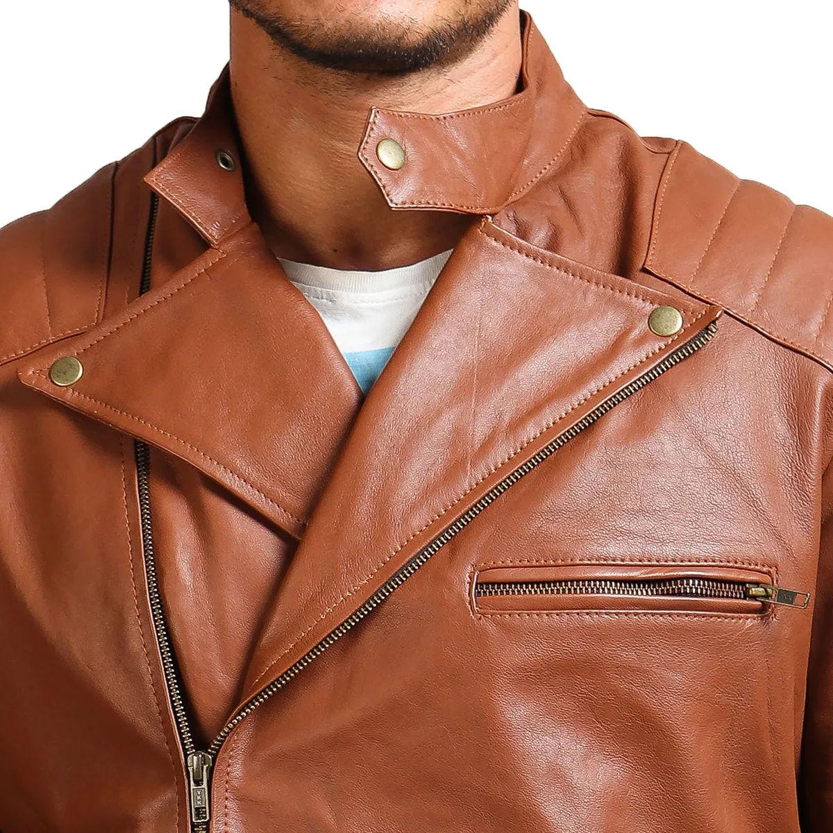 Men's Brown Motorcycle Real Leather Jacket with Asymmetrical Zipper and Snap Collar