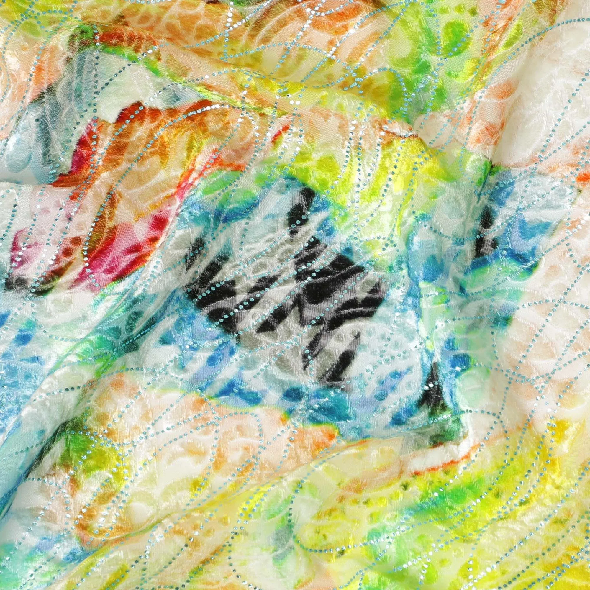 Multicolor Italian Premium silk chiffon dirac (makmal) fabric with velvet jacquard in floral design-D8655