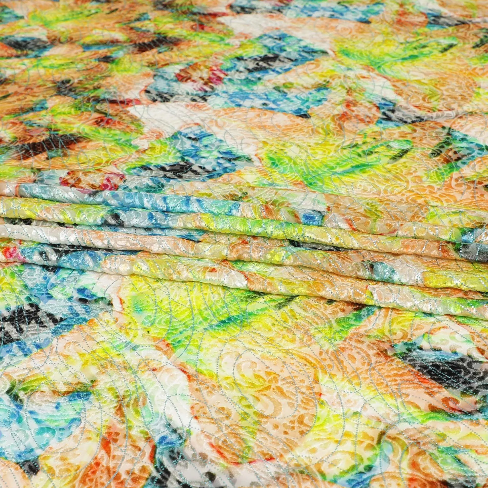 Multicolor Italian Premium silk chiffon dirac (makmal) fabric with velvet jacquard in floral design-D8655