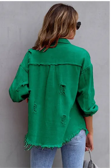 Ripped Fringe Jean Jacket - Green