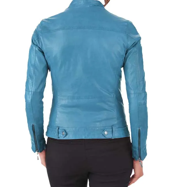 Women's Stylish Motorcycle Biker Genuine Lambskin Leather Jacket for Women Turquoise blue